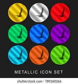 Gull bird flying shape 9 color metallic chromium icon or logo set including gold and silver