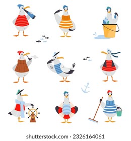 Gull Character with Webbed Feet Wearing Striped Vest and Hat with Bucket and Steering Wheel Vector Set