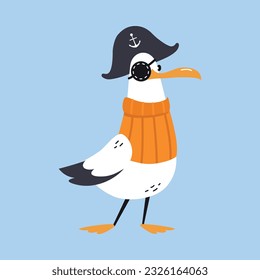 Gull Character with Webbed Feet Wearing Sweater and Pirate Hat with Eye Patch Vector Illustration