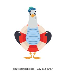 Gull Character with Webbed Feet Wearing Striped Vest and Peakless Hat with Lifebuoy Vector Illustration