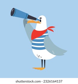 Gull Character with Webbed Feet Wearing Striped Vest Watching Binoculars Vector Illustration
