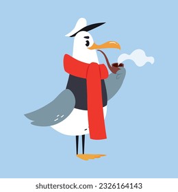 Gull Character with Webbed Feet Wearing Scarf and Hat Smoking Pipe Vector Illustration