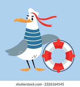 Gull Character with Webbed Feet Wearing Striped Vest and Hat with Lifebuoy Vector Illustration