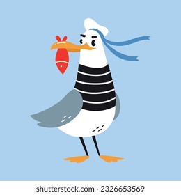 Gull Character with Webbed Feet Wearing Striped Vest and Hat Holding Fish with Bill Vector Illustration