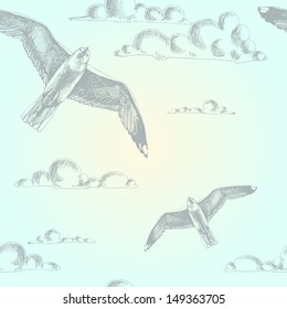Gull and clouds. Hand drawn vintage vector seamless pattern. Can be used separately from backdrop or postcard.