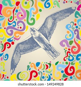 Gull with colorful abstract curl. Hand drawn vector illustration. Can be used separately from backdrop or postcard.