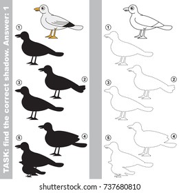 Gull to find the correct shadow, the matching educational kid game to compare and connect objects and their true shadows, simple gaming level for preschool kids.