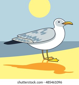 Gull flight bird and seabird gull. ?artoon looking gull. Cartoon illustration. Sun. Beach. Sea. Sea background. Herring Gull for your journal article or encyclopedia.