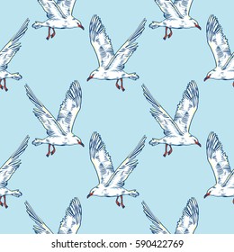 Gull flight bird and seabird . Sea. Seamless pattern
