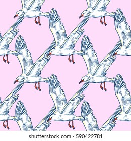 Gull flight bird and seabird . Sea. Seamless pattern