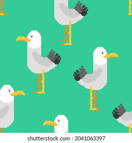 Gull pixel art pattern seamless. seagull 8 bit background. Sea bird pixelated texture