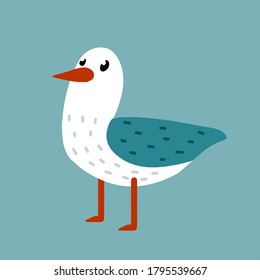 Gull. Sea white and blue bird. Children drawing of seagull. Northern fauna. A funny illustration. Cute flat cartoon animal