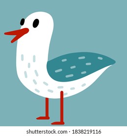 Gull. Sea white and blue bird. Children drawing of seagull. A funny illustration. Cute flat cartoon animal. Northern fauna