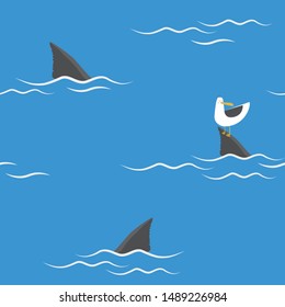 Gull and sharks seamless pattern. Seagull sitting on the fin of a shark. Vector background.