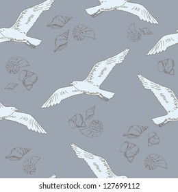 Gull and shell on the delicate gray background,