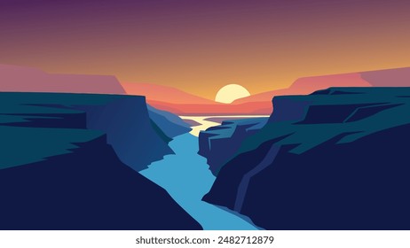 Gullfoss waterfall. Spectacular sunrise on Hvita river. Gorgeous morning scene of Iceland, Europe flat vector illustration.