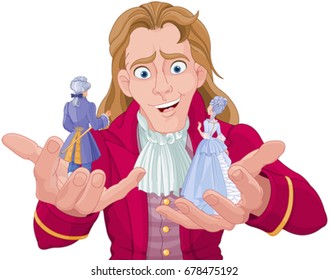 Gulliver holds Lilliputians on his hands