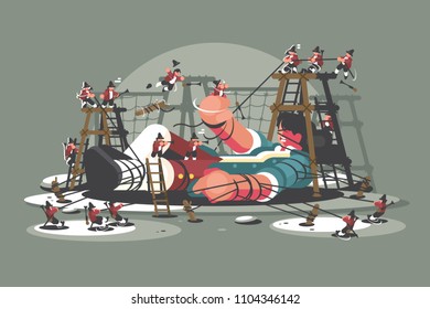 Gulliver lies bound by ropes. Lilliputians captured big man. Vector illustration