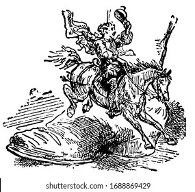 Gulliver on Horse by Giant Foot, this scene shows a man riding horse around the foot of a giant and holding hat in hand, vintage line drawing or engraving illustration