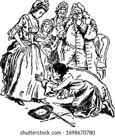 Gulliver Stoops to Wife, this scene shows a family, and a man stoops down at his wife's knees and other family members standing and looking at him, vintage line drawing or engraving illustration