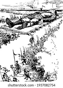 Gulliver's Journey to the Metropolis, this scene shows a lot of horse riders and soldiers together transports a Giant man to somewhere, vintage line drawing or engraving illustration