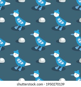 Gulls in a beret.A pattern with birds and stones on a dark background. For textiles, fabric, packaging paper, background, wallpaper.