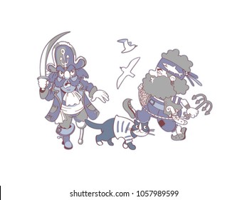 Gulls, a cat and two pirates