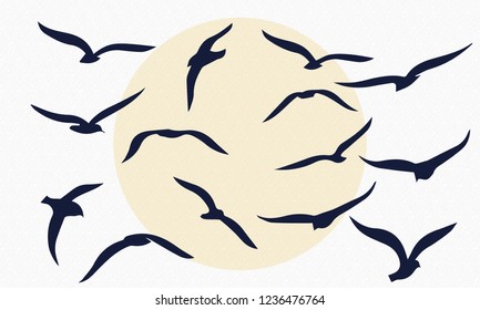 gulls. flocks of birds. silhouettes of seagulls.