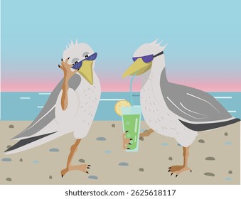 Gulls on the beach. Funny characters wearing sunglasses