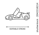 Gullwing-doored vehicle linear icon. Automobile with falconwing doors opening upward. Thin line customizable illustration. Contour symbol. Vector isolated outline drawing. Editable stroke