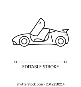 Linearsymbol des fahrzeugseitigen Fahrzeugs. Automobil mit Falschtüren nach oben öffnen. Dünne, anpassbare Illustration. Contour-Symbol. Vektor-einzelne Rahmenzeichnung. Bearbeitbarer Hub