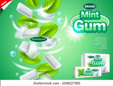 Gum ads. Falling mint leaves and ice cubes. 3d illustration and packaging