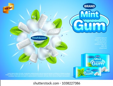 Gum ads. Mint leaves and ice cubes explosion. 3d illustration and packaging