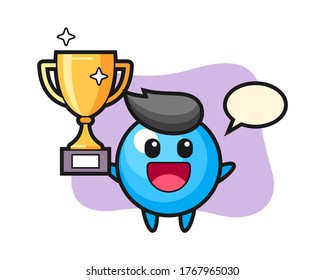 Gum ball cartoon happy holding up the golden trophy