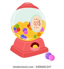 Gum ball coin operated machine. Bubble gum chewing candy. Bubblegum sugar desserts, marmalade. Sweet snack in pack for children. Vector illustrations isolated on the white background 