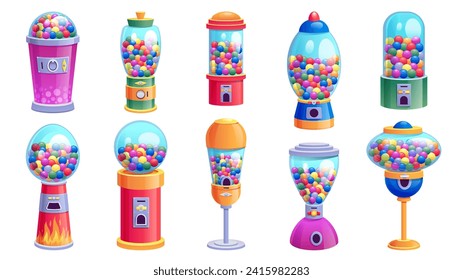 Gum ball vending machine. Cartoon retro candy dispenser with gumballs, colorful sweet balls for children. Vector vending machine with set of machine ball, gumball vending, bubblegum illustration