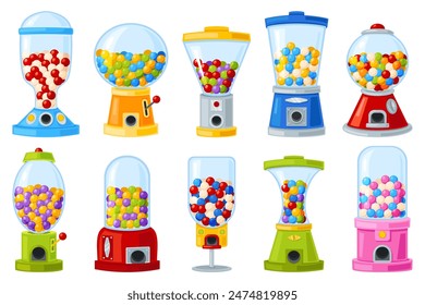 Gum ball vending machine. Round colored candies for children. Cartoon bubblegum. Different shapes dispensers. Chewing sweets. Food selling equipment. Gachapon spheres