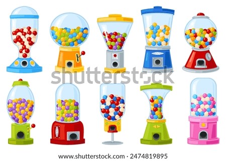 Gum ball vending machine. Round colored candies for children. Cartoon bubblegum. Different shapes dispensers. Chewing sweets. Food selling equipment. Gachapon spheres