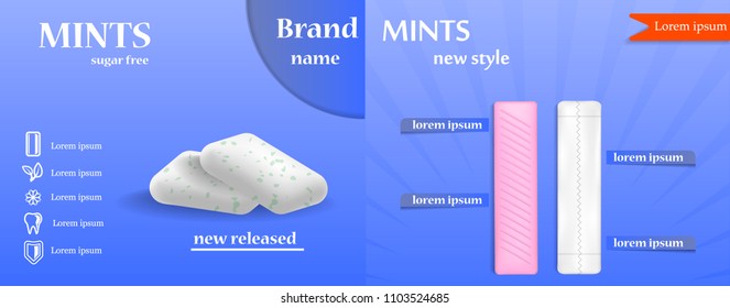 Gum chewing bubble banner set. Realistic illustration of 9 gum chewing bubble banner for web