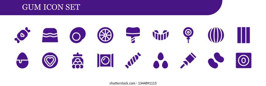 gum icon set. 18 filled gum icons.  Collection Of - Candy, Gummy, Dental implant, Gum shield, Chewing Candy jar, Candies
