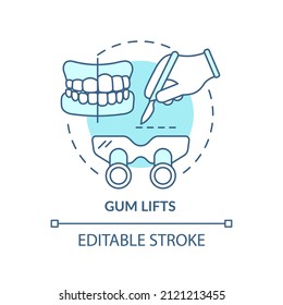 Gum Lifts Turquoise Concept Icon. Cosmetic Dentistry Operation Abstract Idea Thin Line Illustration. Crown Lengthening. Isolated Outline Drawing. Editable Stroke. Arial, Myriad Pro-Bold Fonts Used