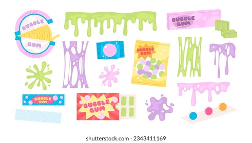 Gum splashes and pink slime, bubble gums sticky, chewing candies. Green splash, isolated blowing bubbles. Cartoon abstract racy vector clipart