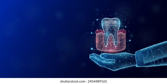 Las encías flotan en la mano de la enfermera. Órgano humano bajo estilo polígono de poli. Sobre fondo azul oscuro con espacio de copia vacío para el texto. Concepto de atención médica. Ilustración vectorial.