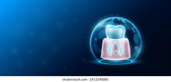 Gum teeth human organ inside dome shield protection futuristic and medical icon transparent. Technology innovation health care. Medical science ads website banner with empty space for text. Vector.