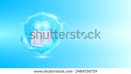 Gum teeth style polygonal in shield glowing surrounded by blue arrows. Medical science protection symbol. Health care concept. Banner vector EPS10.