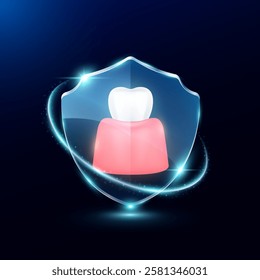 Gum teeth in translucent glass shield modern. Surrounded by glowing ring safety guardian. Human anatomy organ on blue background. Medical health care immunity and protection concept. Vector EPS10.