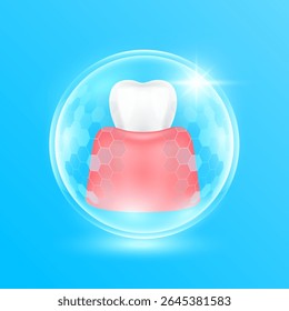 Goma e dentes em uma cúpula de bolha hexagonal transparente moderna sobre fundo azul. Órgão dentário humano forte e saudável. Cuidados médicos e proteção do dentista. Vetor 3D EPS10.