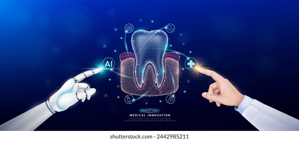 Gum tooth in atom. Doctor and robot finger touching icon AI cross symbol. Health care too artificial intelligence cyborg or technology innovation science medical futuristic. Banner vector EPS10.