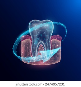 Gum tooth human organ anatomy in form style polygon surrounded by arrows glowing on dark blue background. Used for design medical science advertisements. Vector EPS10 illustration.