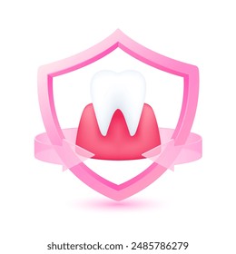 Gum tooth human in shield surrounded by pink arrow. Protection symbol health care. Medical science concept. Organ model cartoon style 3d isolated on white background. Vector EPS 10.